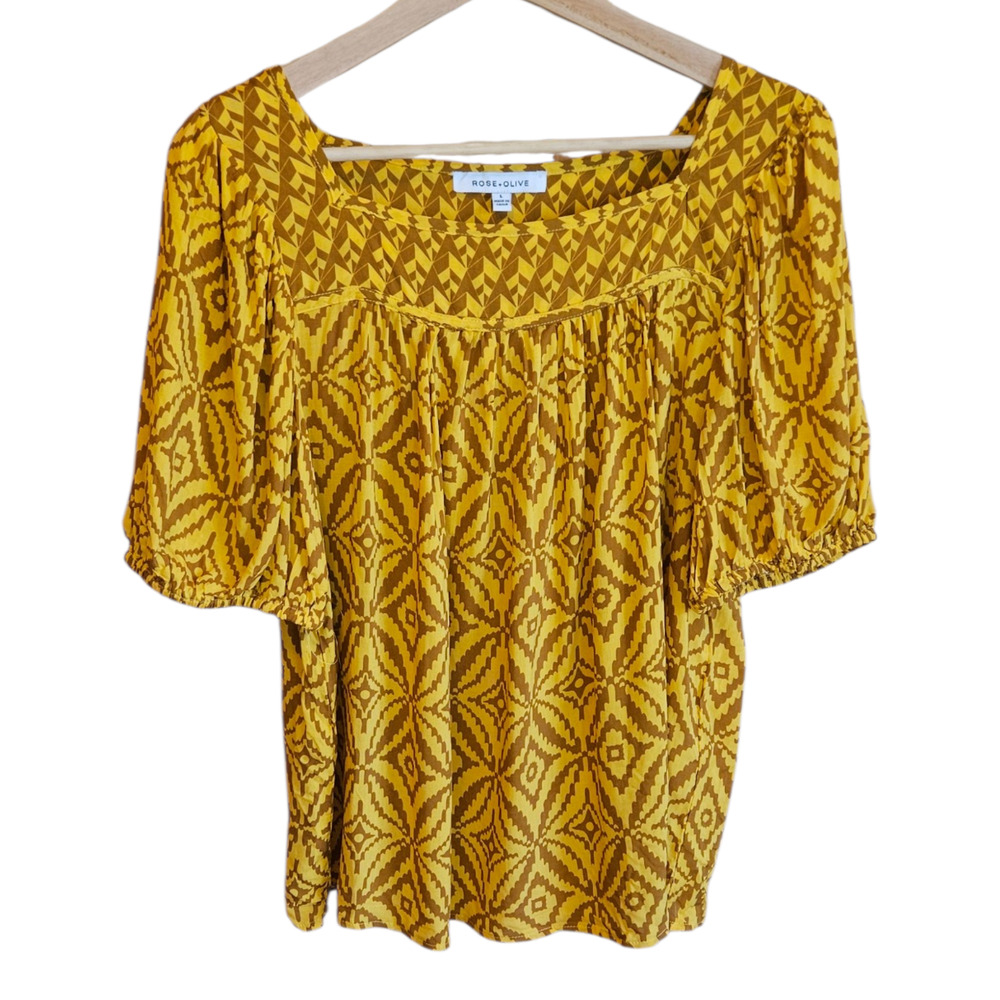 Rose + Olive Mustard Yellow Geometric Boho Peasant Blouse Puff Sleeve Large
